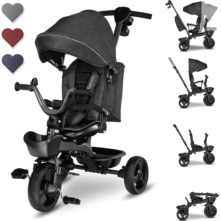 Lionelo Kori Dreirad mit Schubstange für Kinder ab 1,5 bis 5 Jahre drehbarer Sitz Magnesium-Rahmen wartungsfreie Gummiräder freies Rad abnehmbares Vordach (Grau)