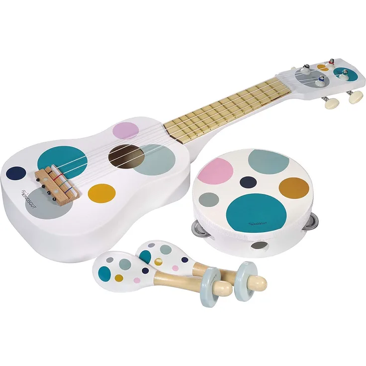 Kindsgut Musikinstrumenten-Set mit Gitarre Rasseln und Tamburin, dezente und Moderne Farben, umweltfreundliches Material, frei von Schadstoffen, Punkte