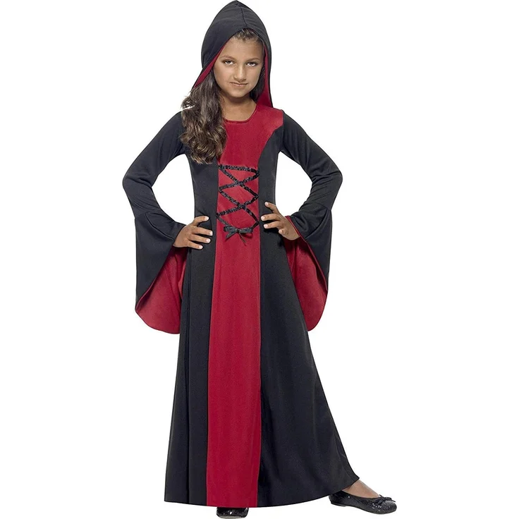 Halloween! Smiffys Kostüm Vamp, Rot und Schwarz, mit Kleid und Kapuze, Schnürdetail – Bild 1