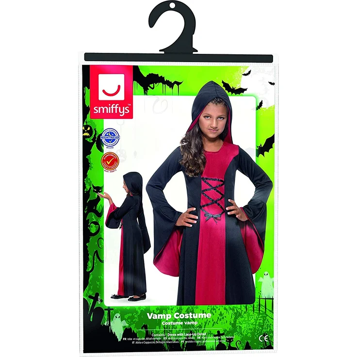 Halloween! Smiffys Kostüm Vamp, Rot und Schwarz, mit Kleid und Kapuze, Schnürdetail – Bild 7