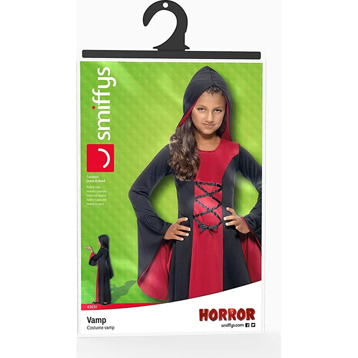 Halloween! Smiffys Kostüm Vamp, Rot und Schwarz, mit Kleid und Kapuze, Schnürdetail – Bild 6