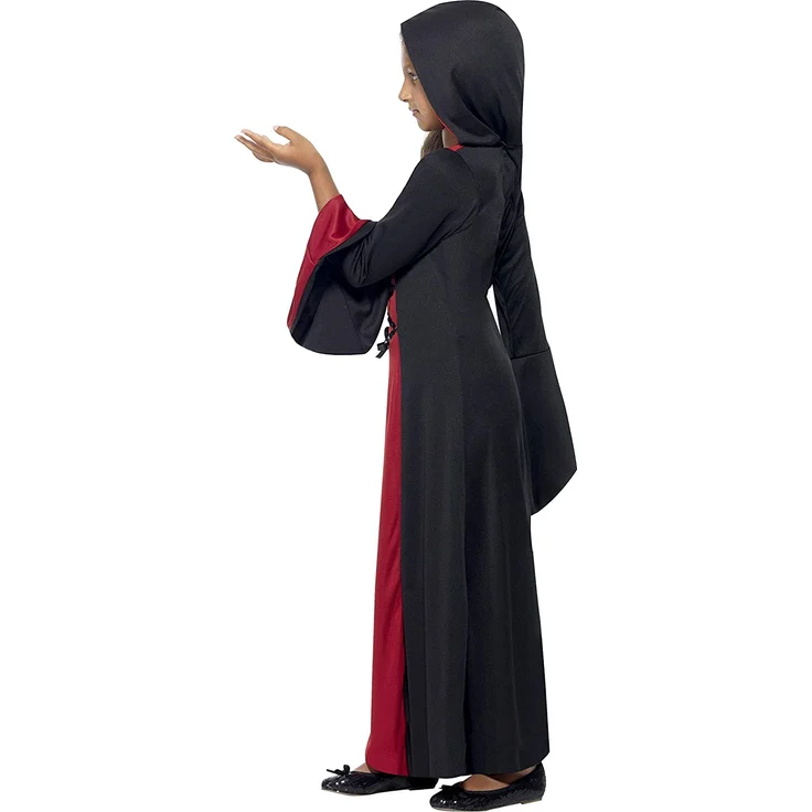 Halloween! Smiffys Kostüm Vamp, Rot und Schwarz, mit Kleid und Kapuze, Schnürdetail – Bild 2
