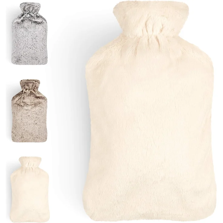 Blumtal Premium Wärmflasche mit Bezug in Kunstfelloptik - Wärmeflasche mit Kuschelweichem Fellbezug zur Schmerzlinderung, Auslaufsichere Bettflasche aus Naturkautschuk für Kinder und Erwachsene, Weiß – Bild 1
