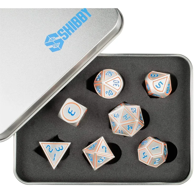 shibby 7 polyedrische Metall-Würfel für Rollen- und Tabletopspiele in Digital Optik D1 inkl. Aufbewahrungsbox