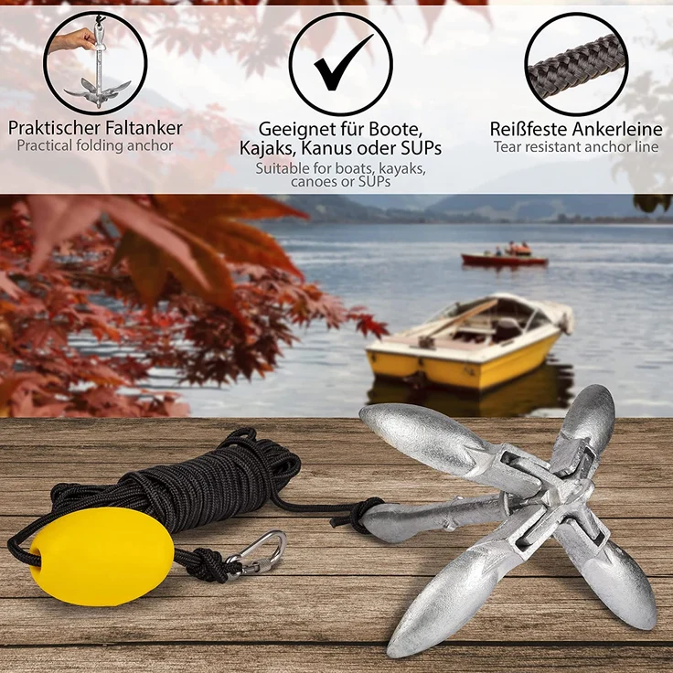 ONVAYA® Bootsanker | 1,5 kg | Klappanker | Set inklusive Ankerleine mit Karabiner, Ankerboje und Transportbeutel | Faltanker | Anker für Boot, Schlauchboot, SUP, Kajak, Kanu – Bild 3