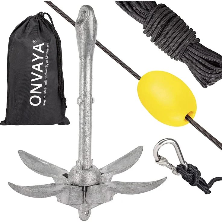 ONVAYA® Bootsanker | 1,5 kg | Klappanker | Set inklusive Ankerleine mit Karabiner, Ankerboje und Transportbeutel | Faltanker | Anker für Boot, Schlauchboot, SUP, Kajak, Kanu – Bild 1