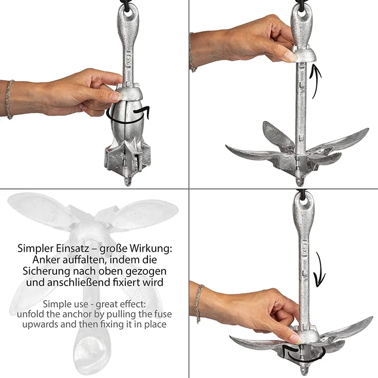ONVAYA® Bootsanker | 1,5 kg | Klappanker | Set inklusive Ankerleine mit Karabiner, Ankerboje und Transportbeutel | Faltanker | Anker für Boot, Schlauchboot, SUP, Kajak, Kanu – Bild 4