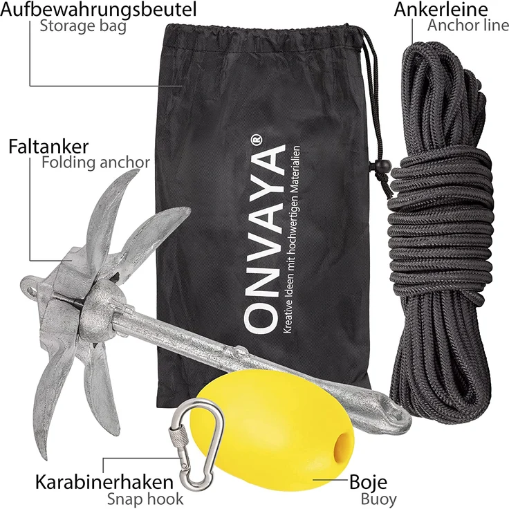 ONVAYA® Bootsanker | 1,5 kg | Klappanker | Set inklusive Ankerleine mit Karabiner, Ankerboje und Transportbeutel | Faltanker | Anker für Boot, Schlauchboot, SUP, Kajak, Kanu – Bild 5