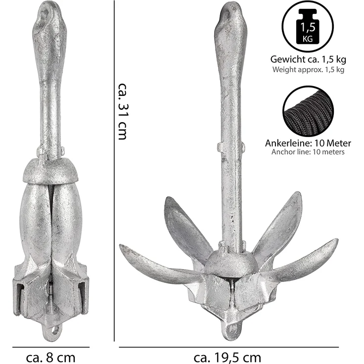 ONVAYA® Bootsanker | 1,5 kg | Klappanker | Set inklusive Ankerleine mit Karabiner, Ankerboje und Transportbeutel | Faltanker | Anker für Boot, Schlauchboot, SUP, Kajak, Kanu – Bild 2
