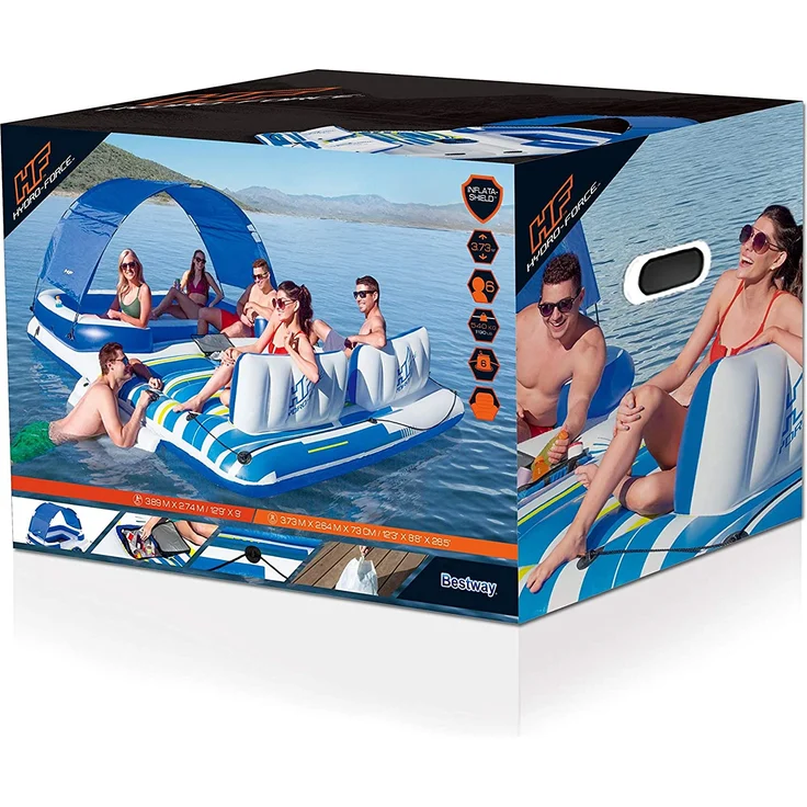 Bestway Hydro-Force 'Tropical Breeze' Badeinsel, 373 x 264 x 73 cm, geeignet für 6 Personen, inkl. abnehmbaren Sonnenschutz, Getränkehaltern und integrierter Kühltasche – Bild 3