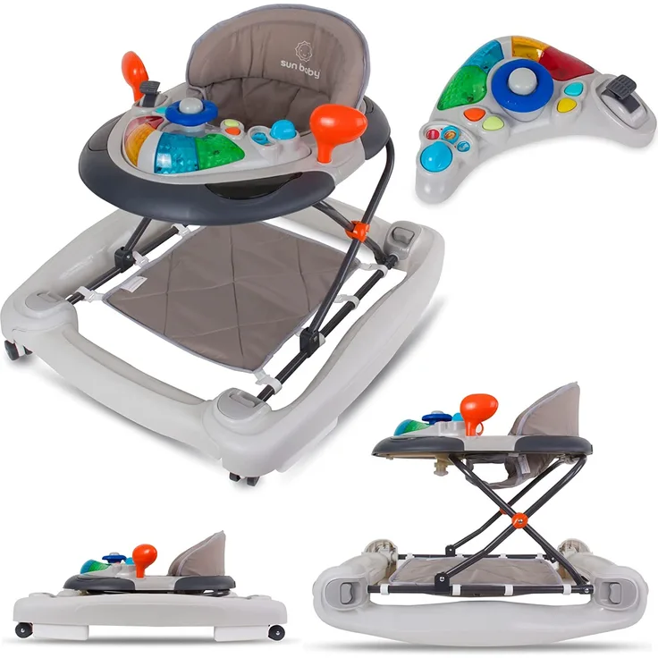 Lauflernhilfe Gehfrei und Schaukelsitz Kinderwiege Babywippe Babyschaukel Baby Walker mit Tasten, Lichtern und Sound für 6-12 Monate Sun Baby (Grau)