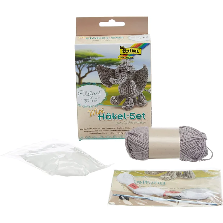 folia 23902 - Mini Häkelset Elefant, ca. 9 - 11 cm groß, Komplettset zur Erstellung eines selbst gehäkelten niedlichen Elefanten, für Kinder ab 8 Jahren und Erwachsene, als Geschenk – Bild 1
