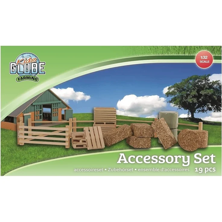 Kids Globe Farming Zubehör Set (mit Zäunen Heuballen Kartoffelkisten und Paletten 19tlg aus Holz 1:32) 610253, Bunt – Bild 1