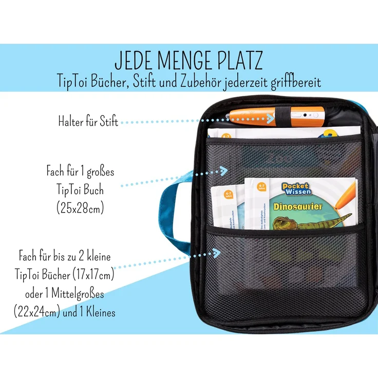 bunnyboo TipToi Tasche - Platz für bis zu 8 Bücher - TipToi Starterset mit Einsatz für Tiptoi Stift, TipToi Kabel und Batteriefach - Tasche für TipToi Stift - gehört in jedes Starterset TipToi (Blau) – Bild 3