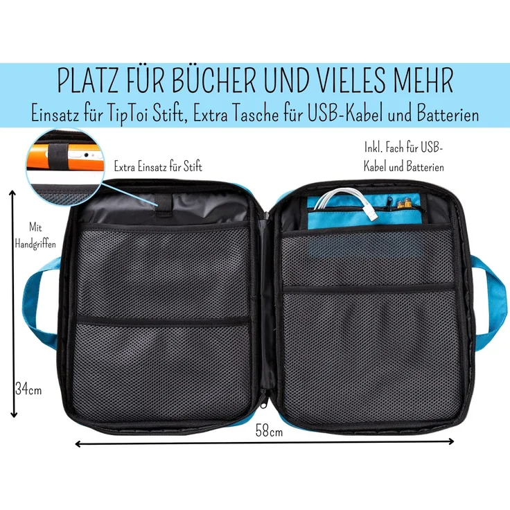 bunnyboo TipToi Tasche - Platz für bis zu 8 Bücher - TipToi Starterset mit Einsatz für Tiptoi Stift, TipToi Kabel und Batteriefach - Tasche für TipToi Stift - gehört in jedes Starterset TipToi (Blau) – Bild 2