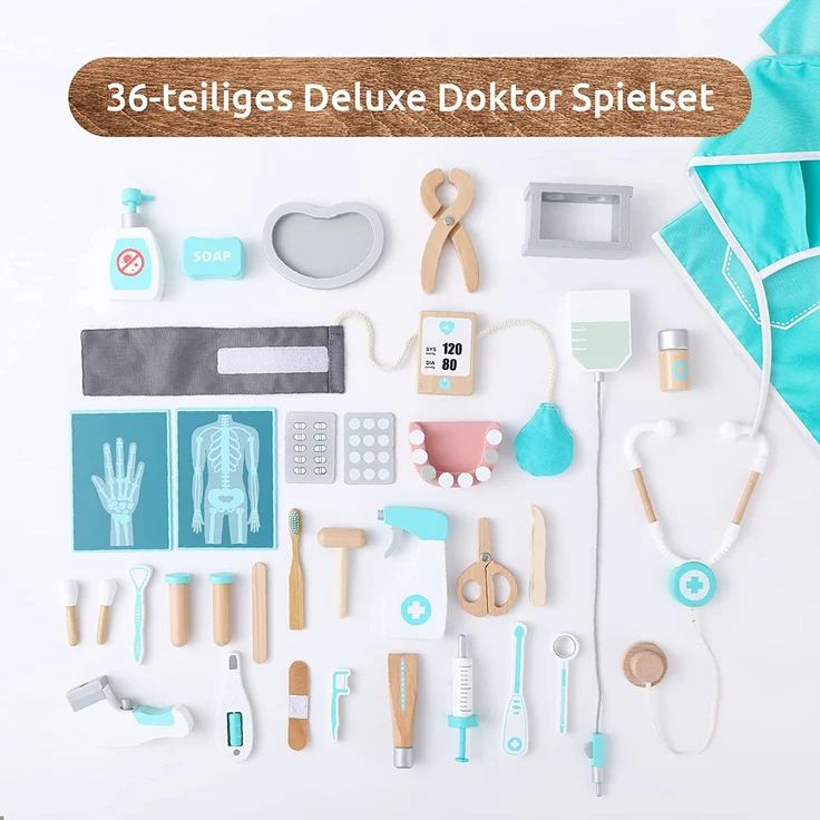 UMU® Deluxe Kinder Holz Arztkoffer Spielset mit Stethoskop, Blutdruckmessgerät, Zahnarzt Toolbox u. v. m, Doktor Spielzeug zum Rollenspiel, 36 STK Set für 3, 4, 5 Jahre alt Mädchen und Jungen – Bild 7