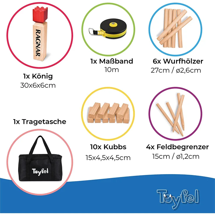 Toyfel Schwedenschach XXL – Kubb Spiel aus Massivholz Geschicklichkeitsspiel - Outdoor Spiel mit praktischer Tragetasche & Bandmaß Wurf Schach FSC-Zertifiziertes Holzspiel Garten – Ragnar – Bild 7