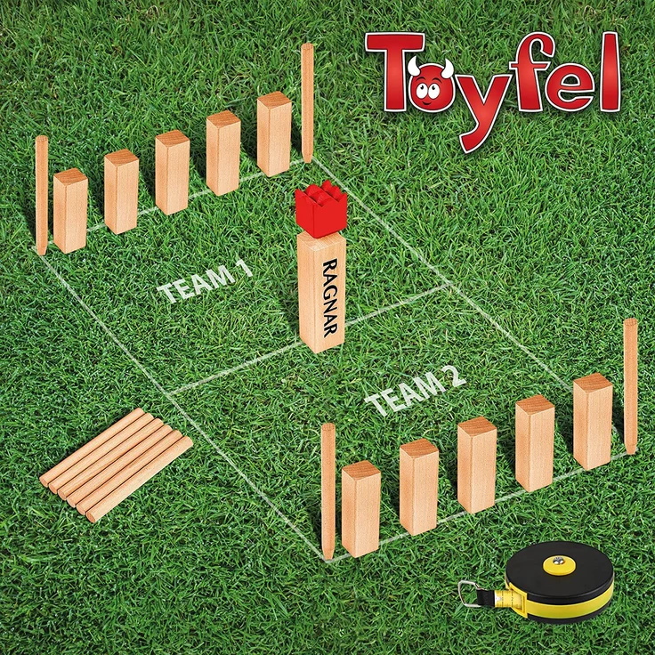 Toyfel Schwedenschach XXL – Kubb Spiel aus Massivholz Geschicklichkeitsspiel - Outdoor Spiel mit praktischer Tragetasche & Bandmaß Wurf Schach FSC-Zertifiziertes Holzspiel Garten – Ragnar – Bild 5