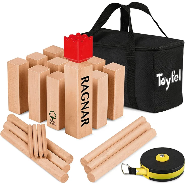 Toyfel Schwedenschach XXL – Kubb Spiel aus Massivholz Geschicklichkeitsspiel - Outdoor Spiel mit praktischer Tragetasche & Bandmaß Wurf Schach FSC-Zertifiziertes Holzspiel Garten – Ragnar – Bild 1