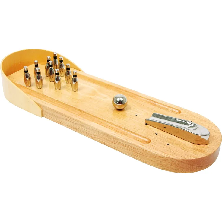 Small Foot 2877 Tisch-Bowling aus Holz, Geschicklichkeitsspiel mit 10 Metallkegeln und 1 Metallkugel, ab 3 Jahre, Natur