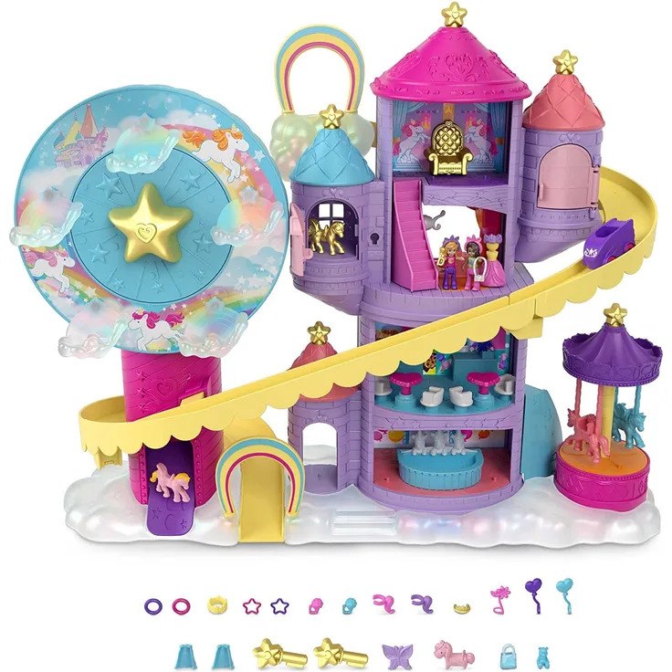 Polly Pocket HBT13 - Regenbogen-Einhornspaß Freizeitpark, 3 verschiedene Freizeitpark-Attraktionen, 7 Spielbereiche, 2 Puppen, 2 Einhörner und 25 Überraschungen (insgesamt 30 Spielteile), ab 4 Jahren - Preisvergleich