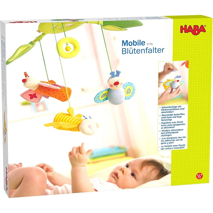 Haba 3735 - Mobile Blütenfalter, Baby-Mobile zum Aufhängen mit 3 abnehmbaren Schmetterlingen, Blätterdach mit Glöckchen und Spiegelfolie, Baby-Spielzeug ab 6 Monaten – Bild 4
