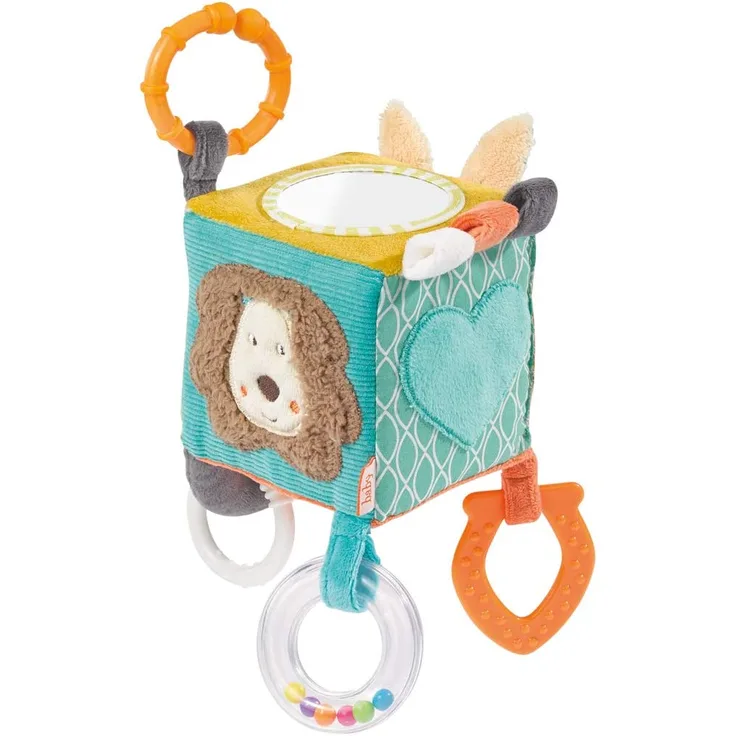 Fehn 066029 Activity-Würfel Funky Friends – Motorikspielzeug zum Aufhängen – Für Babys und Kleinkinder ab 0+ Monaten – Maße: 10 x 10 cm