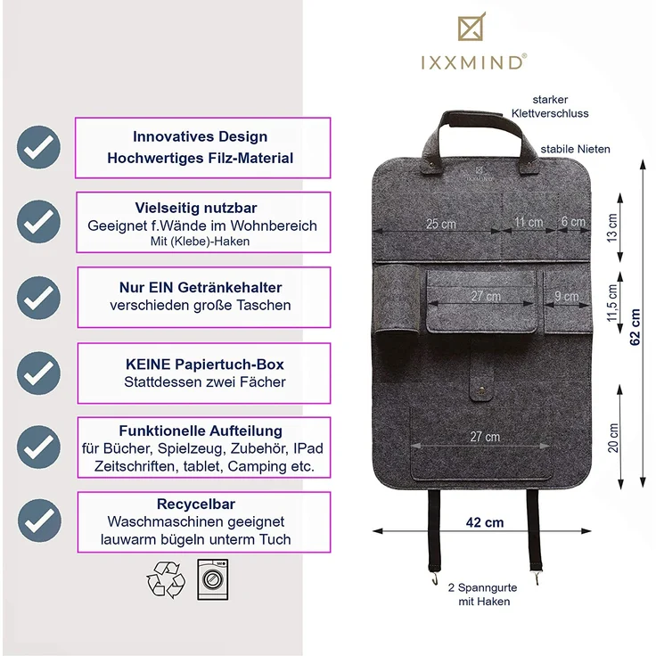 IXXMIND® auto organizer, Wohnmobil Zubehör, autositzschoner, rückenlehnenschutz auto kinder, rücksitztasche, hängeregal, autositz organizer, stabiler filz, Aufbewahrungstasche, autoorganizer, – Bild 9