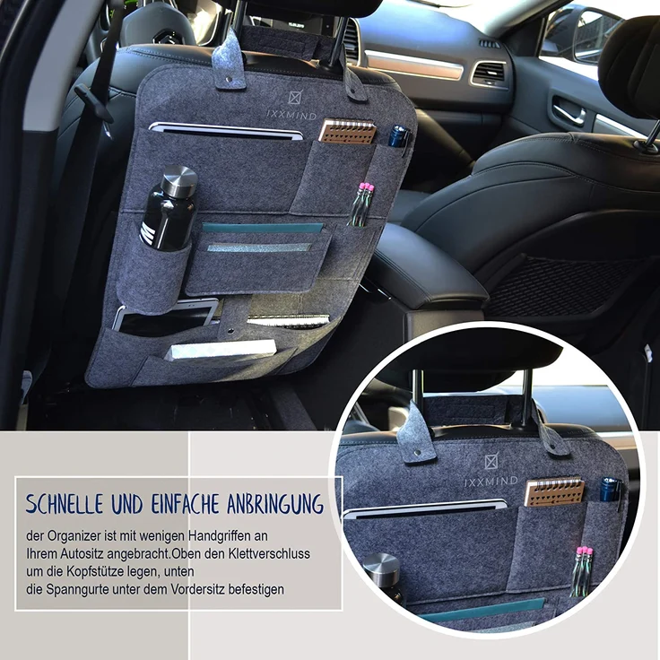 IXXMIND® auto organizer, Wohnmobil Zubehör, autositzschoner, rückenlehnenschutz auto kinder, rücksitztasche, hängeregal, autositz organizer, stabiler filz, Aufbewahrungstasche, autoorganizer, – Bild 3