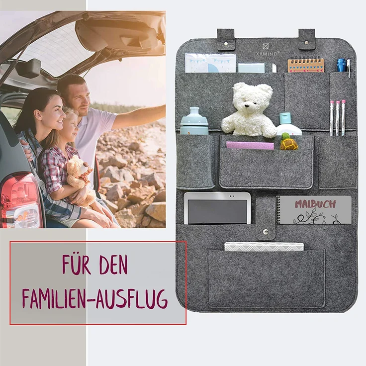 IXXMIND® auto organizer, Wohnmobil Zubehör, autositzschoner, rückenlehnenschutz auto kinder, rücksitztasche, hängeregal, autositz organizer, stabiler filz, Aufbewahrungstasche, autoorganizer, – Bild 5