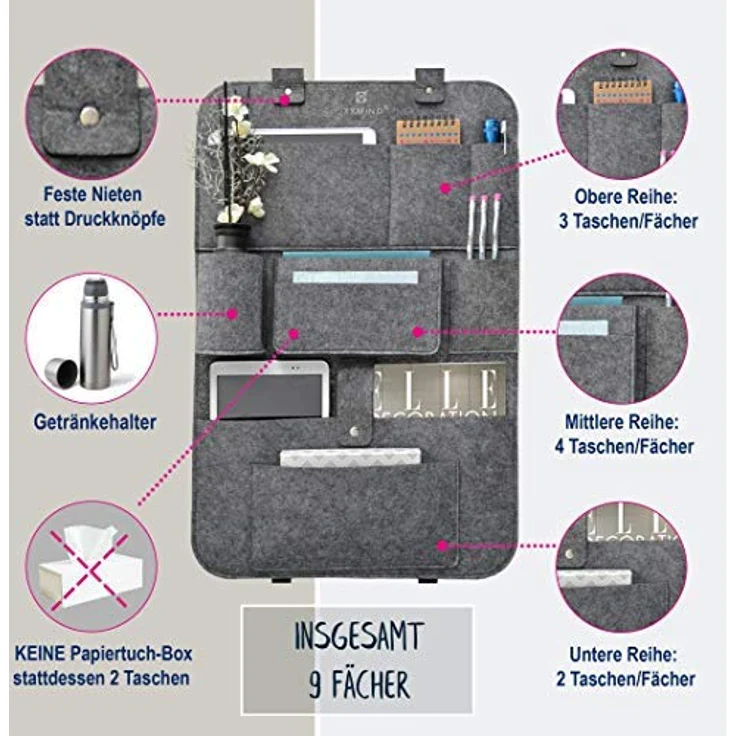 IXXMIND® auto organizer, Wohnmobil Zubehör, autositzschoner, rückenlehnenschutz auto kinder, rücksitztasche, hängeregal, autositz organizer, stabiler filz, Aufbewahrungstasche, autoorganizer, – Bild 7