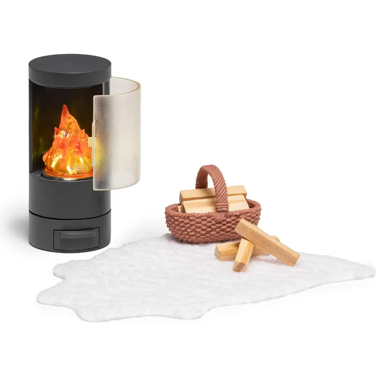 Lundby Puppenhaus Kamin - Miniatur Kamin Puppenmöbel mit LED Beleuchtung - Einrichtung Puppenhaus Möbel Set - Puppenhaus Möbel Wohnzimmer - Miniatur Möbel Puppenhaus Zubehör - 11cm Puppen 1:18