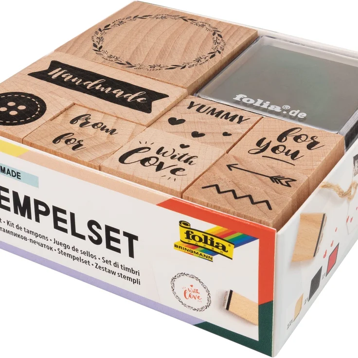 folia 31107 - Holzstempelset Handmade, inklusive 11 Holzstempel und 2 Stempelkissen - ideal zum Verzieren von Karten, Freundschaftsbüchern, für Lettering und Scrapbooking – Bild 1