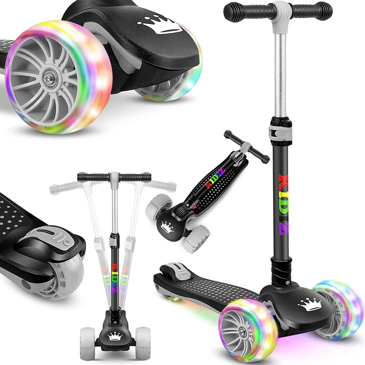 KIDIZ 'Kinder Scooter X-Pro2', Dreiradscooter mit PU LED Räder, faltbar, ab 3 Jahren, Schwarz – Bild 1