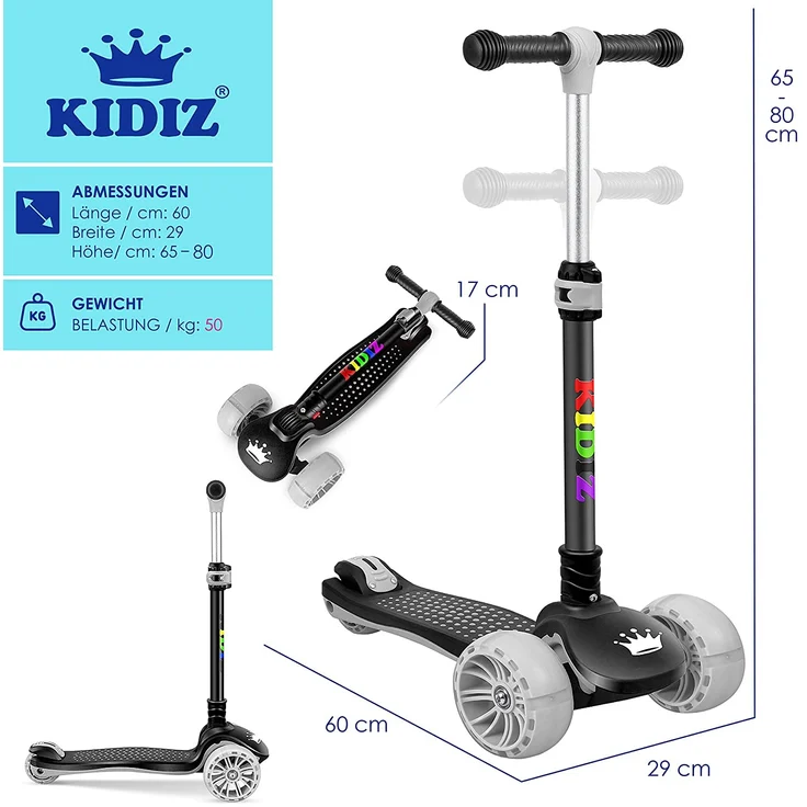 KIDIZ 'Kinder Scooter X-Pro2', Dreiradscooter mit PU LED Räder, faltbar, ab 3 Jahren, Schwarz – Bild 6