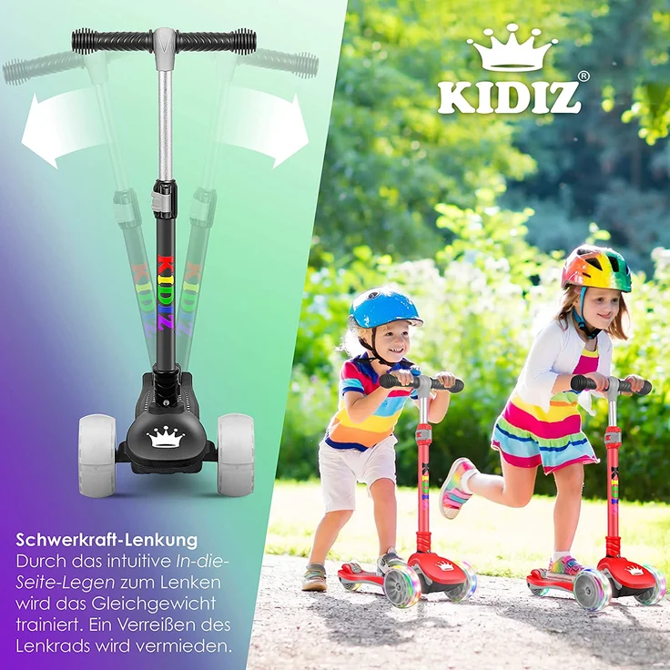 KIDIZ 'Kinder Scooter X-Pro2', Dreiradscooter mit PU LED Räder, faltbar, ab 3 Jahren, Schwarz – Bild 5