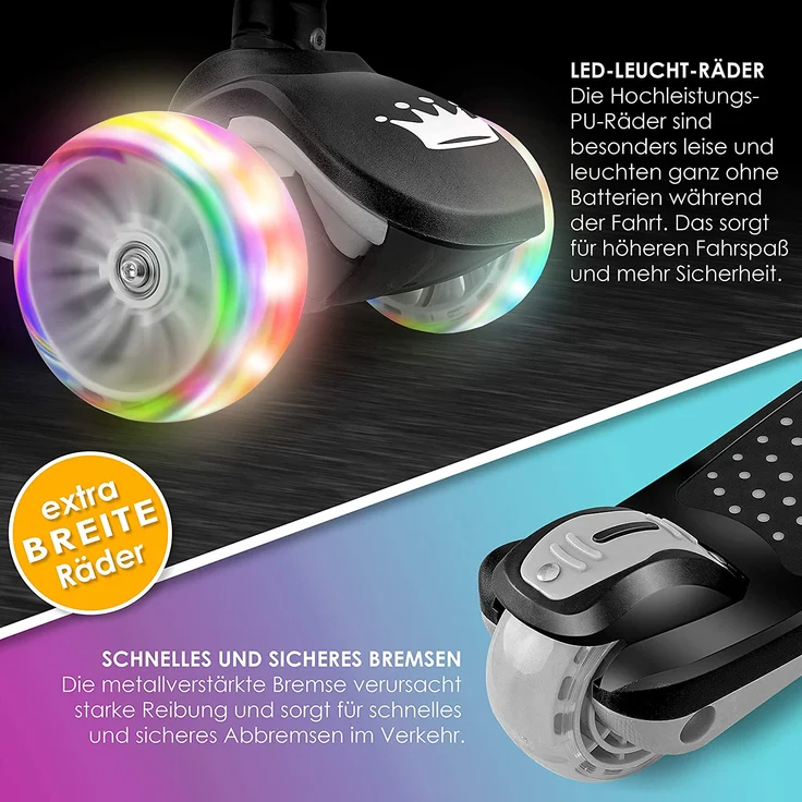 KIDIZ 'Kinder Scooter X-Pro2', Dreiradscooter mit PU LED Räder, faltbar, ab 3 Jahren, Schwarz – Bild 3