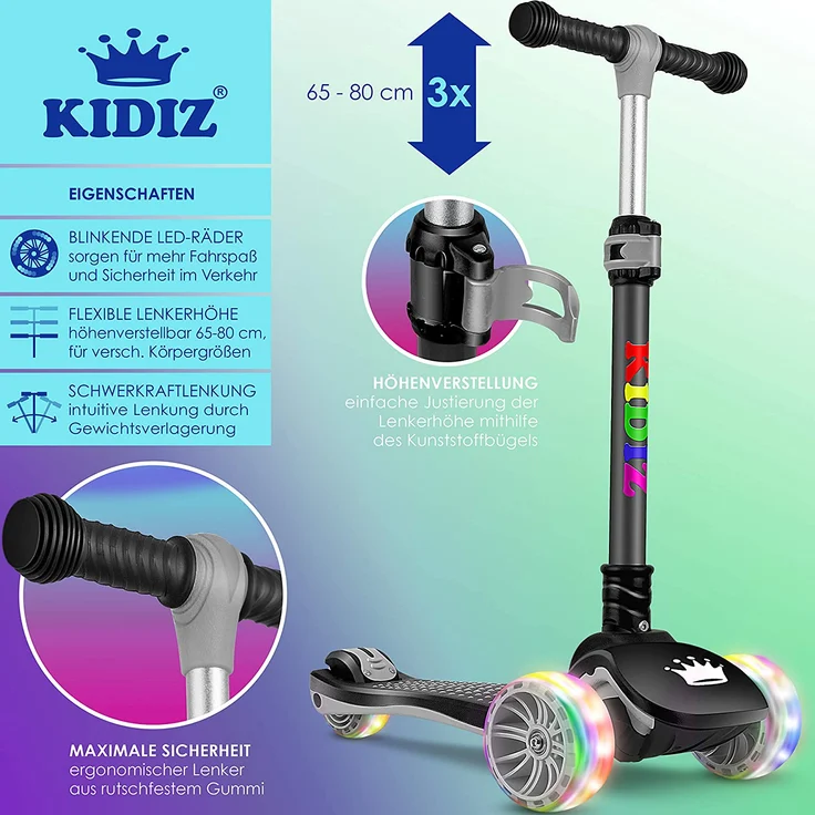 KIDIZ 'Kinder Scooter X-Pro2', Dreiradscooter mit PU LED Räder, faltbar, ab 3 Jahren, Schwarz – Bild 2