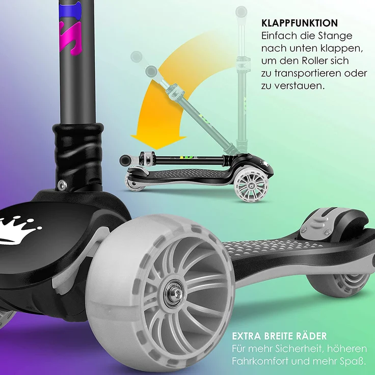 KIDIZ 'Kinder Scooter X-Pro2', Dreiradscooter mit PU LED Räder, faltbar, ab 3 Jahren, Schwarz – Bild 7