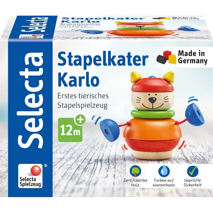 Selecta 62042 Stapelkater Karlo, Stapelspielzeug aus Holz, 10 cm