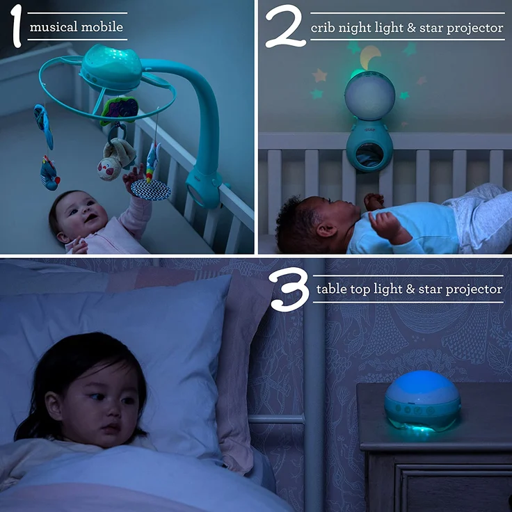 Infantino Dream Buddies 3-in-1 anpassbares Projektor-Musik-Mobile zum Aufhängen über dem Babybett oder Tisch, mit Aufwach-Modus, um Tageslicht zu simulieren, mit 6 Melodien und 4 Naturgeräuschen – Bild 2