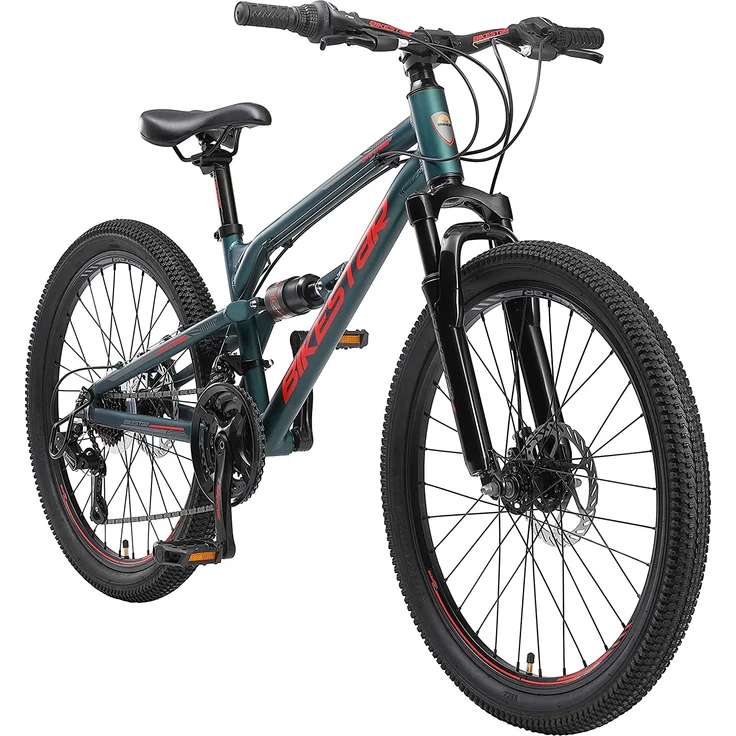 BIKESTAR Alu Kinder Jugend Mountainbike Vollgefedert, 21 Gang Shimano, 24 Zoll ab 9 - 10 Jahre | Fully MTB Scheibenbremse | Grün - Preisvergleich – Bild 1