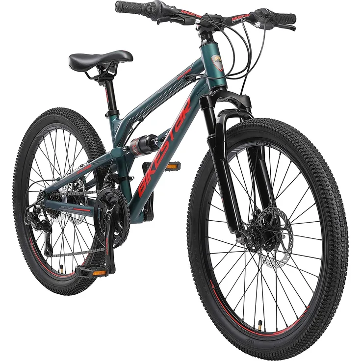 BIKESTAR Alu Kinder Jugend Mountainbike Vollgefedert, 21 Gang Shimano, 24 Zoll ab 9 - 10 Jahre | Fully MTB Scheibenbremse | Grün - Preisvergleich