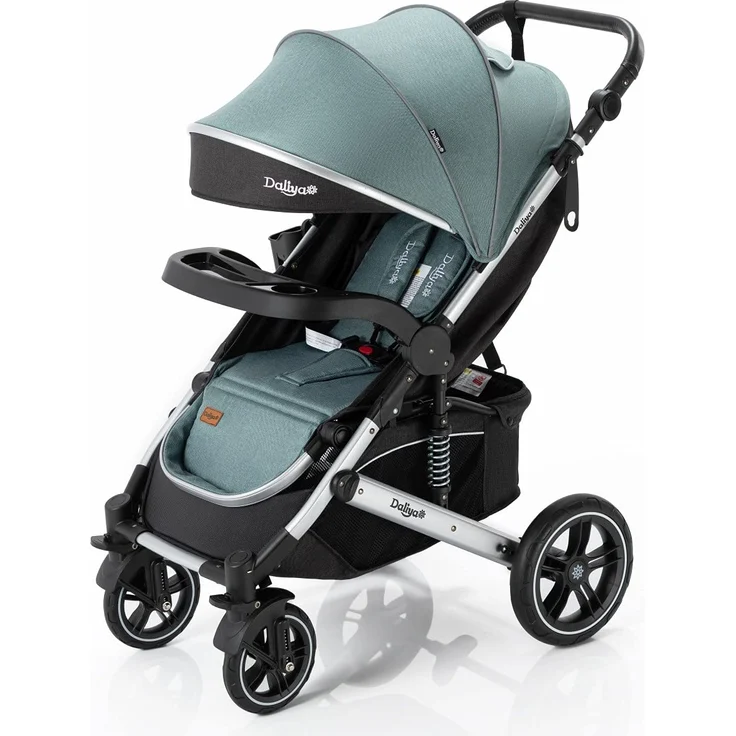 Daliya® Rapidy Buggy / Kinderwagen 0-36 Monate / Sportwagen mit Liegeposition / Wickeltasche, Winterfußsack, Ess- & Spieltisch und mehr Linen Grün – Silber – Bild 7