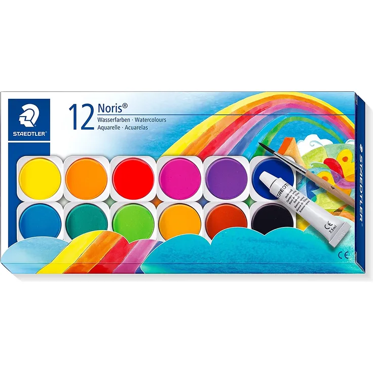 Staedtler Noris Club 888 NC12 Farbkasten, leicht mischbare Wasserfarben, hohe Farbbrillanz, hervorragende Deckkraft, Set aus 12 auswechselbaren Farbtöpfchen, 1 Tube Deckweiß und 1 Pinsel