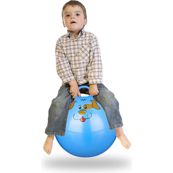 Relaxdays Hüpfball Kinder, Hund, mit Griff, für Drinnen und Draußen, mit Tier-Motiv, weich, 45 cm Durchmesser, blau – Bild 1