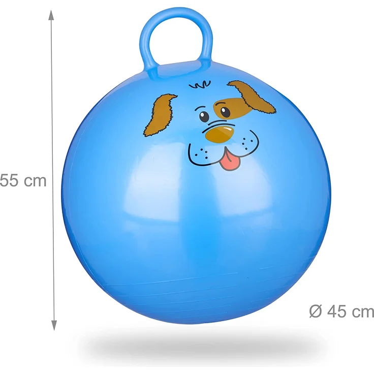 Relaxdays Hüpfball Kinder, Hund, mit Griff, für Drinnen und Draußen, mit Tier-Motiv, weich, 45 cm Durchmesser, blau – Bild 3