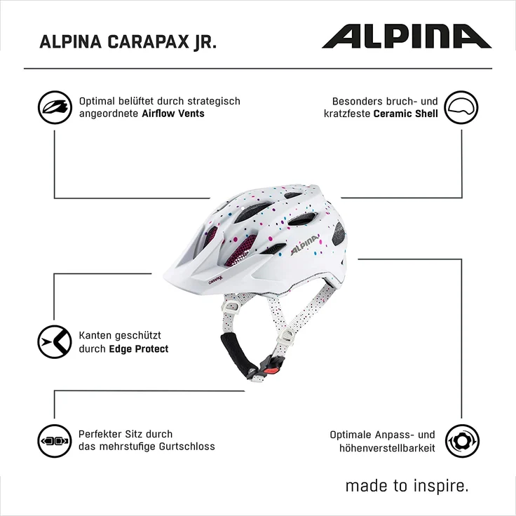 Alpina Junior Carapax White Polka Dots, Größe 51 - 56 cm - Fahrradhelm, Farbe Weiß – Bild 6