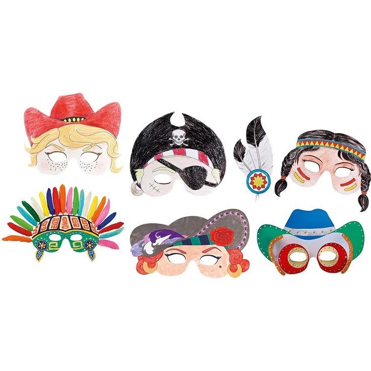 folia 23219 - Kindermasken Abenteuer, aus Pappe, Motive sortiert, 6 Stück, weiß, zum selbst Bemalen und Gestalten, für Kinder, Jungen und Mädchen, ideal für Kindergeburtstage und Partys – Bild 3