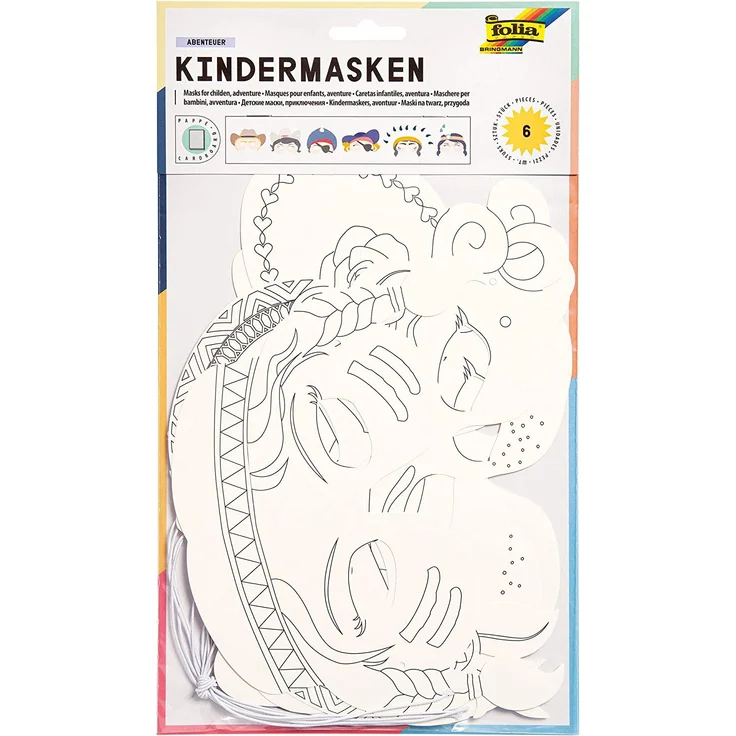 folia 23219 - Kindermasken Abenteuer, aus Pappe, Motive sortiert, 6 Stück, weiß, zum selbst Bemalen und Gestalten, für Kinder, Jungen und Mädchen, ideal für Kindergeburtstage und Partys – Bild 1